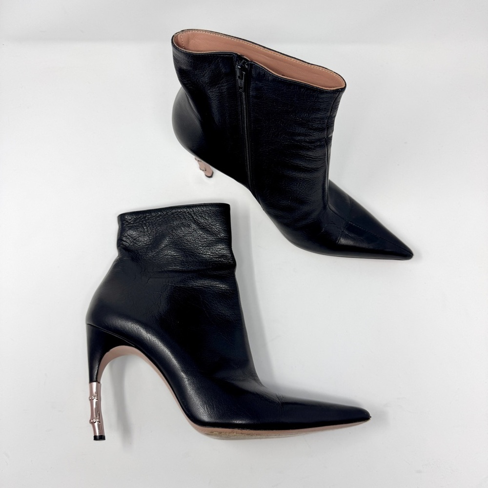 Gucci Black Goat Leather Ankle Boots with Rose Gold Metal Bamboo Heels - Picture 4 of 16